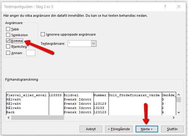 Välj en avgränsare, i detta fall Komma.