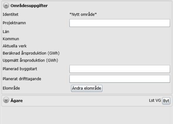 Ge projektområdet ett namn samt fyll i Planerad byggstart och Planerat driftagande. Klicka på Spara till databas. Efter att du sparat området tilldelas det automatiskt ett elområde.