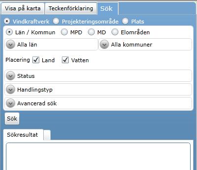 4.1.3 Sök Under fliken "Sök" hittar du Vindbrukskollens olika sökfunktioner. Det är också här som resultat från olika sökningar visas.
