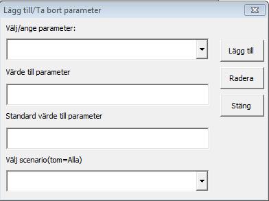25 (42) Avancerade inställningar Ny parameter För de scenario-parametrarna (finns i fliken Main) som kan ha ett begränsat antal värden är det lämpligt att du skapar en rullgardins-lista.