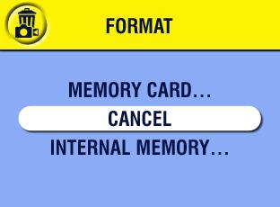 Kapitel 6 Formatera internminne eller SD/MMCkort VIKTIGT: Formatering raderar alla bilder och videoklipp från kortet, även skyddade filer. Om du tar ut ett kort medan det formateras kan kortet skadas.
