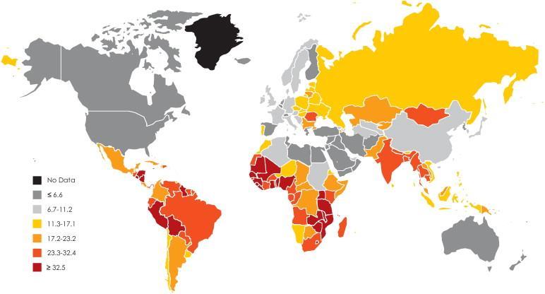 Figure 5 Cervical cancer, global map showing estimated age-standardized (world standard) incidence rate per