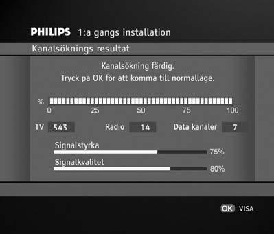 6 Därefter visas en bild där du kan välja språk. Markera önskat språk genom att trycka på V/W och sedan OK. Du ombeds bekräfta valet genom att trycka OK igen.