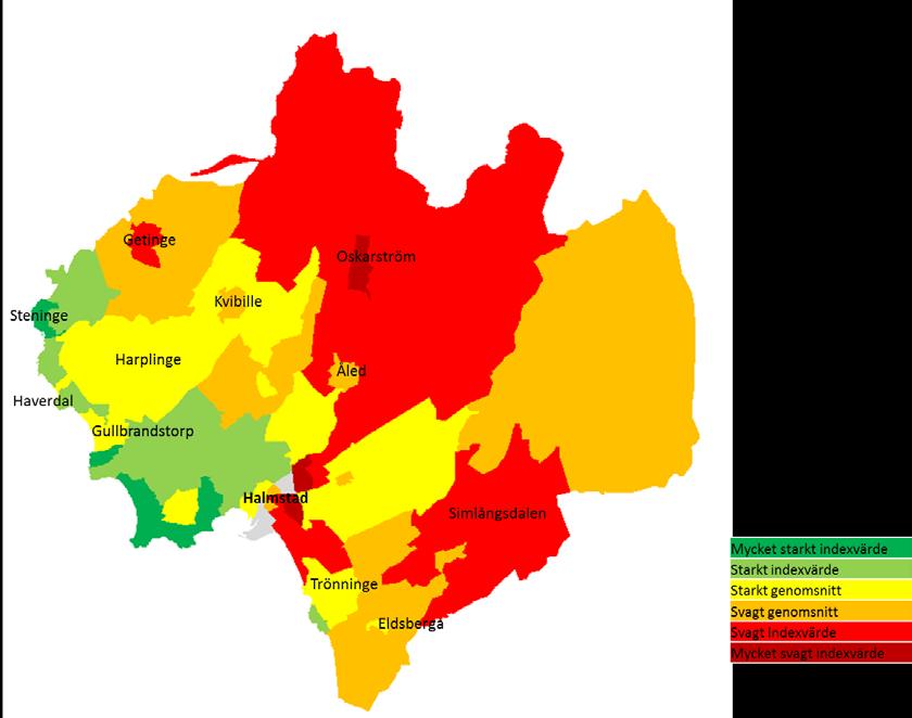 I en enkel analys har kommunens olika statistikområden, s k nyckelkodområden, rangordnats med avseende på socioekonomisk resursstyrka dvs arbetslöshet (2013), ekonomiskt bistånd (2013), ohälsotal