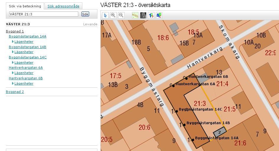 13 (132) Du kan också söka genom att klicka i kartan (zooma in). När du har hittat den aktuella fastigheten i kartan dubbelklickar du för att hämta byggnads-, adressoch lägenhetsinformationen.