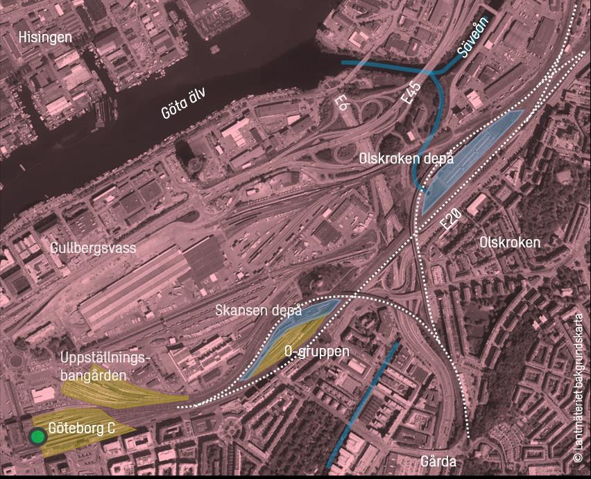 8 Figur 3 Karta över Göteborg C och Olskroken med uppställningsplatser markerade i gul respektive depå i blå Figur 4 Karta över Sävenäs med befintliga uppställningsplatser markerade