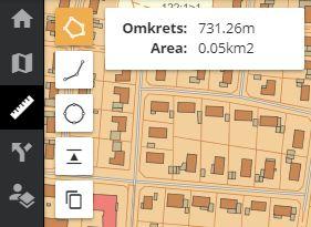 Mätning) Mätningsverktyget består av 4 olika geometrier som du kan använda. Polygon mäter omkrets samt area. Linje mäter längd. Cirkel mäter radie, omkrets samt area.