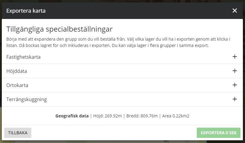Exportera karta Specialbeställningar (Figur 52. Specialbeställningar) Du har även möjlighet att göra en specialbeställning om du önskar någon av följande format.