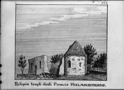 Nils Månsson Mandelgren reste runt i Småland och tecknade av ett kulturarv som höll på att försvinna. År 1864 var han i Hjälmseryd och tecknade av det som då fanns kvar av kyrkan.