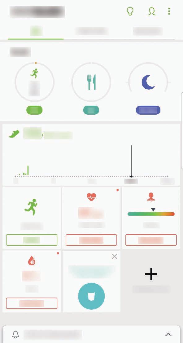 Appar och funktioner Använda Samsung Health Du kan visa den viktigaste informationen från menyer och spårare i Samsung Health för att övervaka ditt välbefinnande och din kondition.
