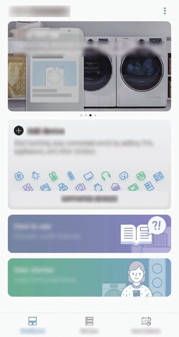 Appar och funktioner Öppna mappen Samsung och starta appen Samsung Connect. Då visas instrumentpanelen. Öppna ytterligare alternativ. Söka efter och registrera enheter i närheten.