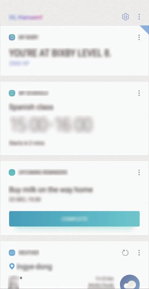 Appar och funktioner Bixby Home På skärmen Bixby Home kan du visa rekommenderade tjänster och information som Bixby tillhandahåller genom att analysera dina användningsmönster och rutiner.