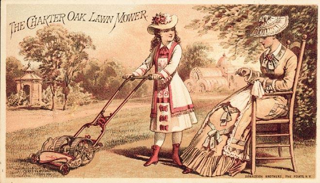 Ovan: I marknadsföringen av de nya gräsklipparna var det ofta kvinnor och barn som klippte gräset, ett sätt att poängtera hur enkelt det var att köra dem.