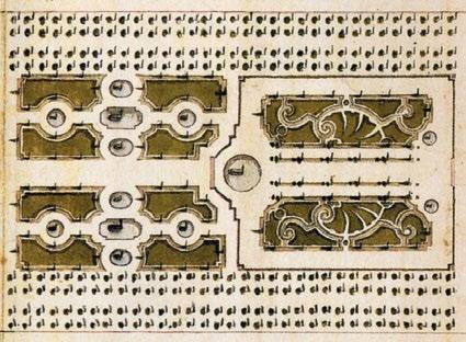 Detalj av plan över barockträdgården vid Drottningholms slott från omkring 1760.