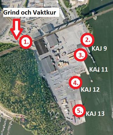 Kör sedan igenom grinden och fram till kaj enligt nedan: Position 2 Kaj 9 Position 3 Kaj 11 Position 4 Kaj 12