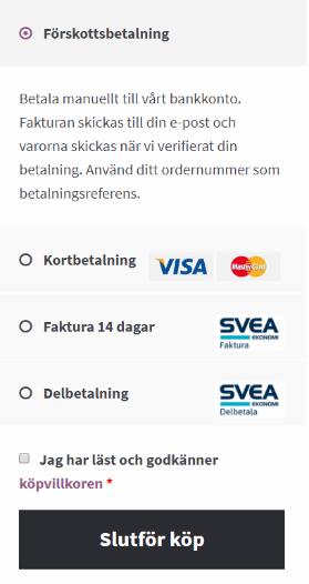 Konsumenten väljer om varan ska levereras till ombud eller direkt till dörren. Om paketet är för stort måste det hämtas ut hos ombud.
