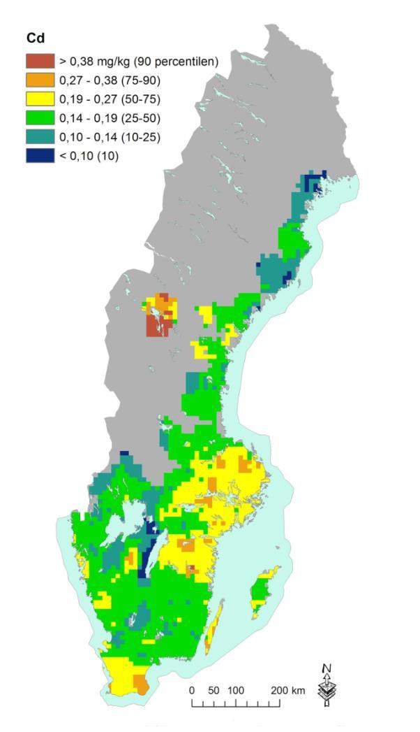 Figur 1. Kadmiumhalter i svensk matjord och dess regionala variationer. Resultatet är baserat på 5138 markprover, tagna i två omgångar under år 1988-1995 och år 2001-2007.