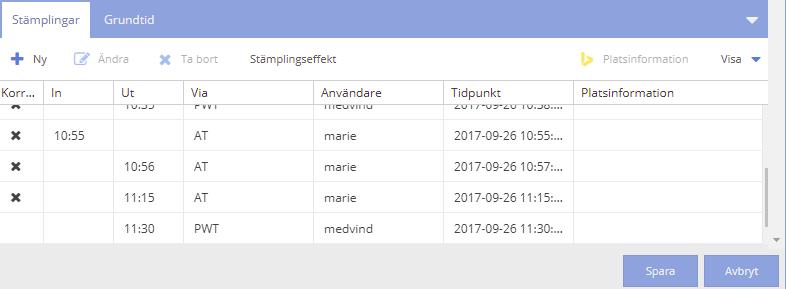 1. Den anställdes stämpling redovisas med AT och användarid. 2. Den korrigerade stämplingen redovisas med PWT och användarid Det finns olika tillvägagångssätt att stämpla på.