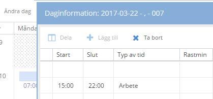 Om du väljer Ändra dag öppnas daginformation för markerad dag. För att kunna ändra dina tider krävs att du har behörighet för det.