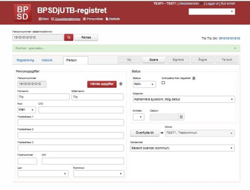 Fliken PERSON Fliken Person fylls i automatiskt när du gör en grundregistrering. Här finns personuppgifter, status, diagnos och vårdform ifyllt. Status står på Aktiv när en person är registrerad.