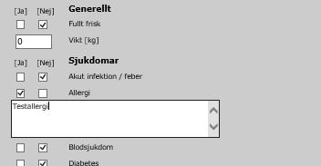 Övriga uppgifter som går att registrera är resmål och reseförhållanden inför resevaccination. Det går att välja ett eller flera länder samt start- och slutdatum för resa. OBS!