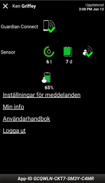 knappen x senast uppdaterad Status för Guardian Connect status för sensor och sändare länk till Inställningar för meddelanden länk till Min info länk till användarhandboken för CareLink Connect länk