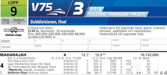 Kostnad (kr) 0 Hästens ålder, färg, kön (h=hingst, v=valack, s=sto), pappa, mamma och morfar. Hästens uppfödare. Hästens ägare. Beskrivning av kuskens körsvensdress, samt färg på hjälm.