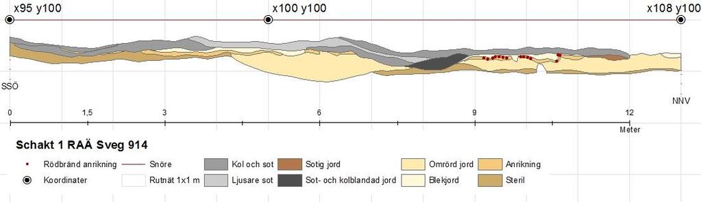 Schakt 1 NNV-SSÖ, 13x0,3 m. Öppnades för att tydligt se anläggningens utbredning samt urskilja lagerföljder. Bild 10. Schakt 1, profil ritad mot VSV.