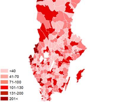 Vid ett index under 100 har kommunen ett utflöde, vilket innebär att invånarna handlar utanför den egna kommunen. Ett högre index innebär en mörkare röd färg på kartan.