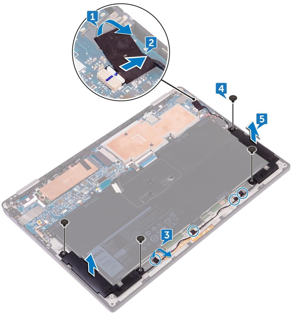 11 Ta bort högtalarna Nödvändiga förhandsåtgärder Nödvändiga förhandsåtgärder 1 Ta bort kåpan. 2 Ta bort batteriet. 1 Ta bort tejpen som håller fast högtalarkabeln i moderkortet.