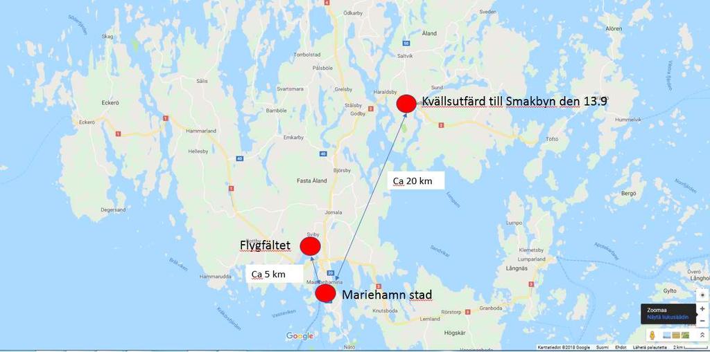 Kartor: Flygfältet ligger 5 kilometer från Mariehamn centrum.