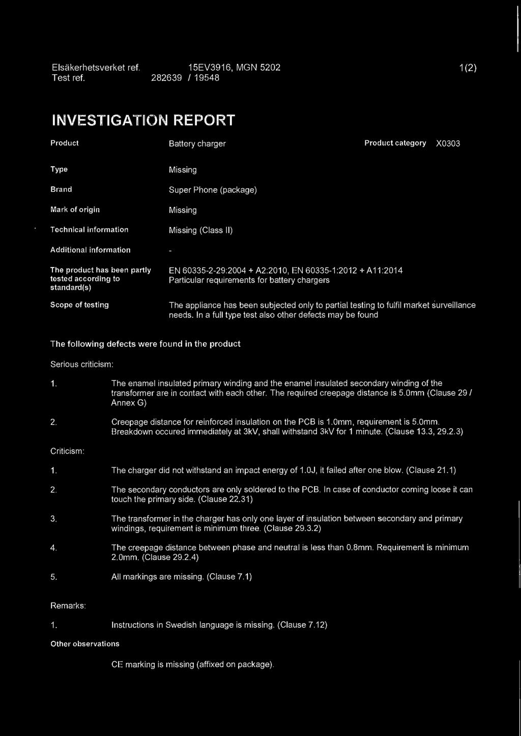 Missing (Ciass Il) Additional information The product has been partly tested according to standard(s) Scope of testing EN 60335-2-29:2004 +A2:2010, EN 60335-1:2012 +A11:2014 Particular requirements