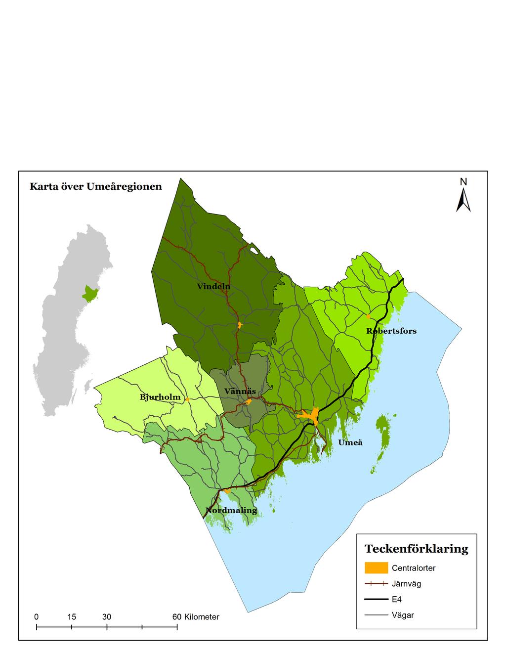 Figur 1: Umeåregionen med dess sex kommuner, centralorter samt vägar och järnvägar. Källa: Författaren. 4.