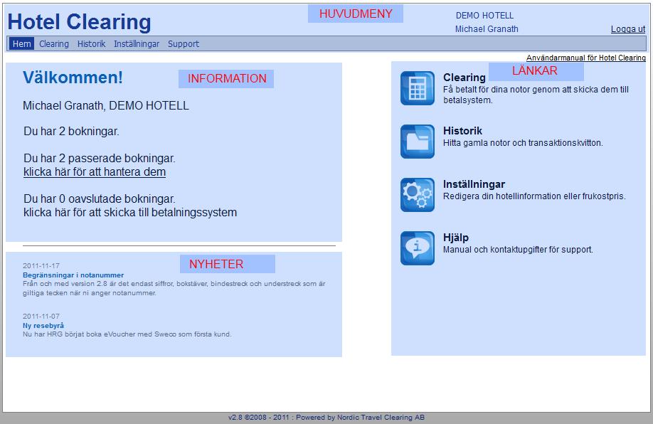 Startsidan Efter inloggning möts ni av en startsida som är uppdelad i fyra delar; Huvudmeny, Information, Länkar och Nyheter. Bild 1: Startsidan innehåller länkar till de vanligaste uppgifterna.