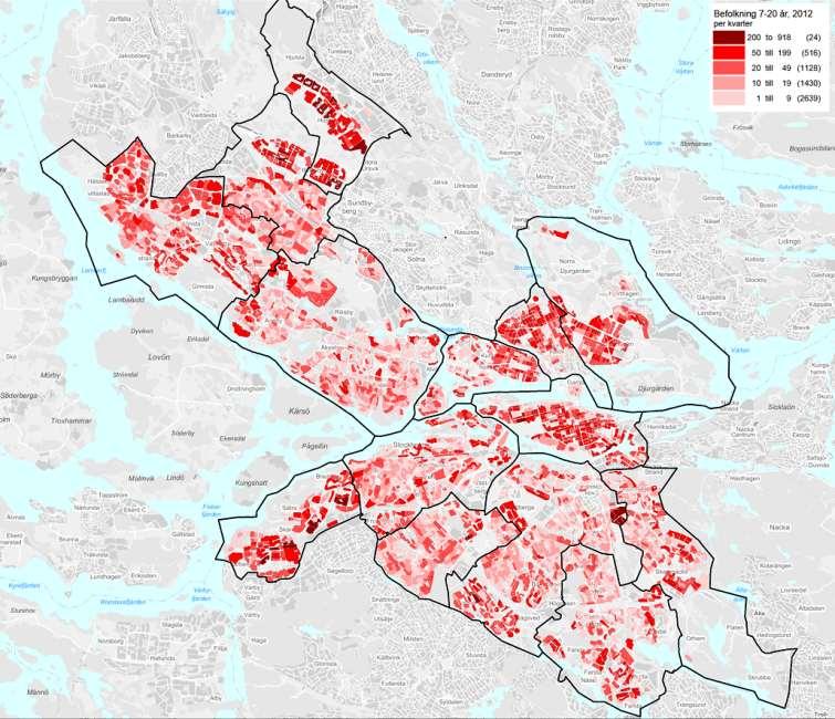 3.2 Beskrivning av befolkningen i Stockholms delområden Boendetätheten, och även barntätheten, är hög i Kista, Husby, Rinkeby, Tensta samt i större delen av Skärholmens stadsdelsområde.