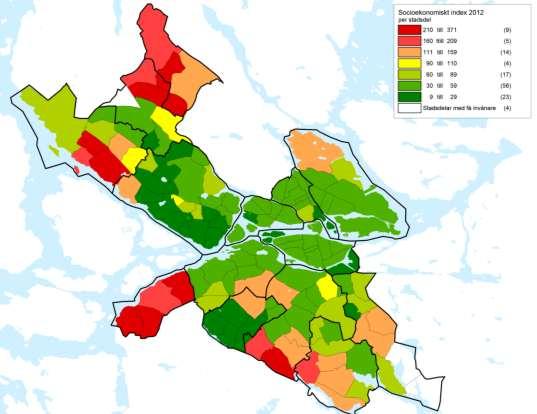Befolkningens socioekonomiska bakgrund kan dock variera kraftigt inom stadsdelsområdena. I Karta 5 visas barn och ungas socioekonomiska bakgrund för Stockholms stads 132 stadsdelar.