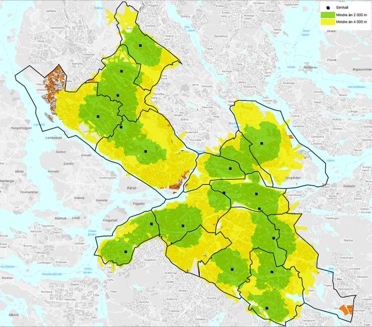 I Karta 15 visas närheten till simhallar i Stockholms stad. Närheten till simhallar är sämre i Hässelby Villastad.