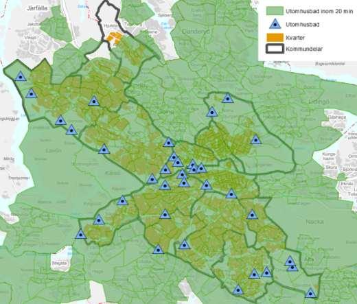 Om man däremot antar att 20 minuter med kollektivtrafiken är en rimlig restid till ett utomhusbad är närheten god i hela staden.