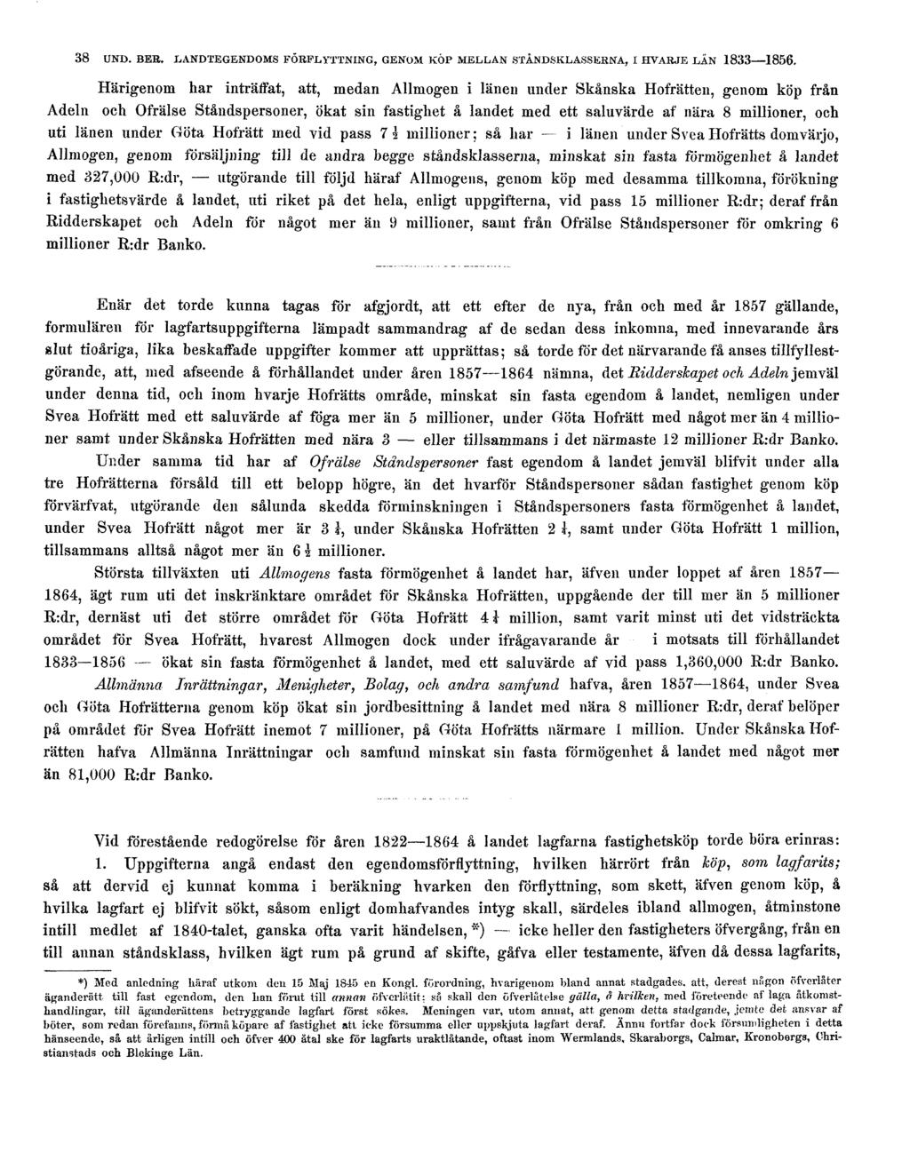 38 UND. BER. LANDTEGENDOMS FÖRFLYTTNING, GENOM KÖP MELLAN STÅNDSKLASSERNA, I HVARJE LÄN 1833-1856.