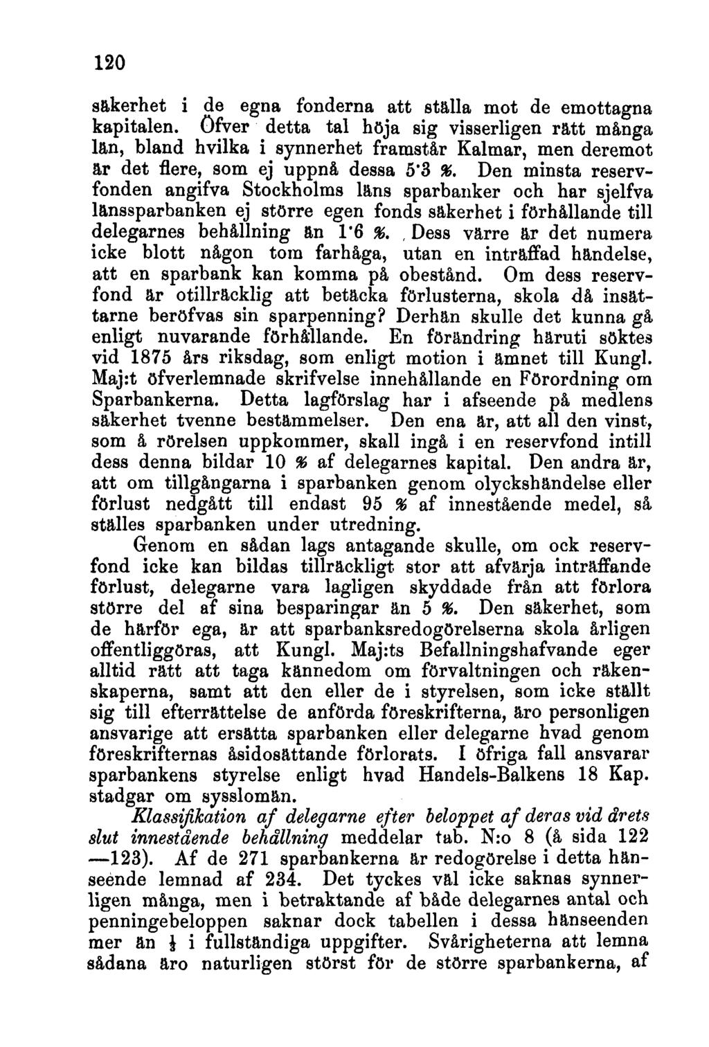 120 säkerhet i de egna fonderna att ställa mot de emottagna kapitalen, öfver detta tal höja sig visserligen rätt många län, bland hvilka i synnerhet framstår Kalmar, men deremot är det flere, som ej