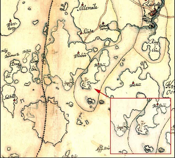 Fig.2 Detalj ur karta över trakten kring Karlskrona ca 1680-81. K.M. Stuart. Krigsarkivet.