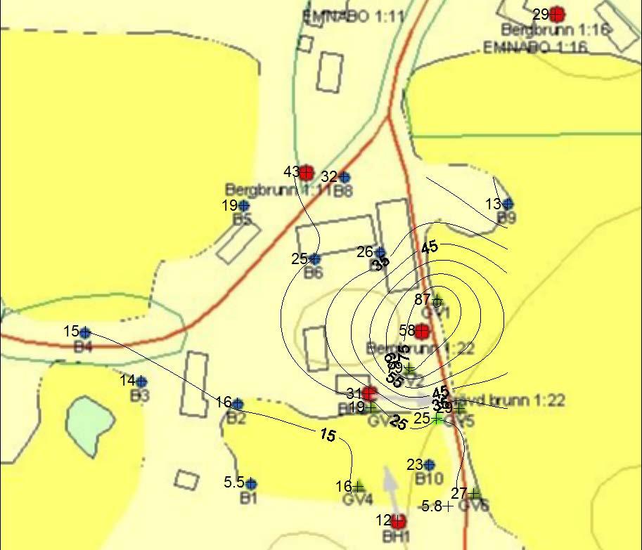 Miljökemi (Kemakta, 2004). Påverkan på jordgrundvattnet är större än för berggrundvattnet. Framförallt den östra och sydöstra delen av området visar på höga halter kalium, natrium och klorid.