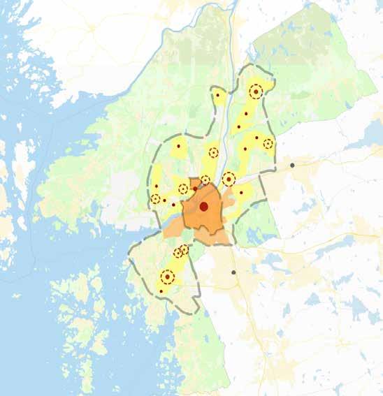 Kartan visar Göteborgs Stad med kartan ur Strategi för utbyggnadsplanering markerad inom streckat område.