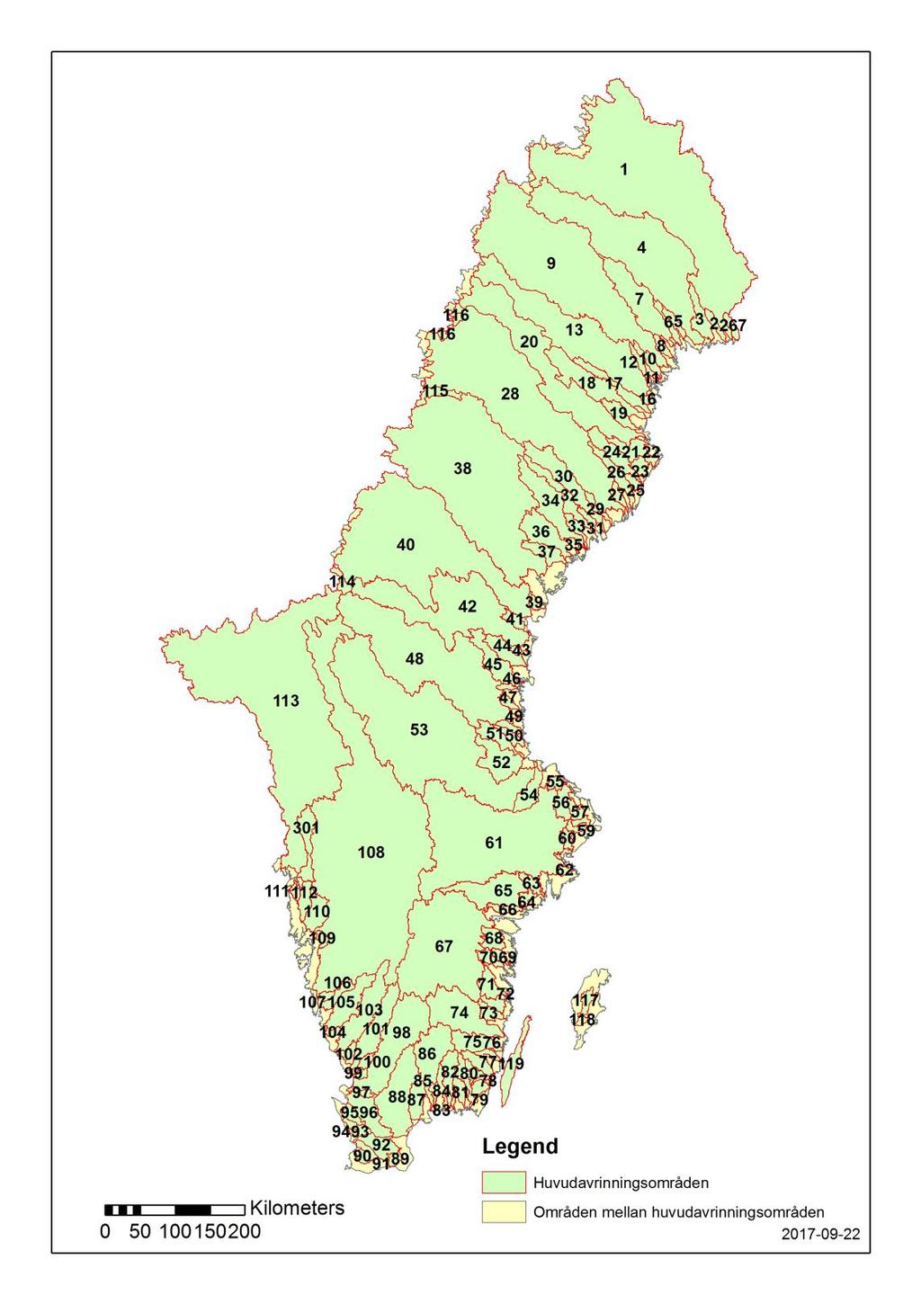 Figur 1: Huvudavrinningsområden 2016 (se kodlista A1, Bilaga 6.