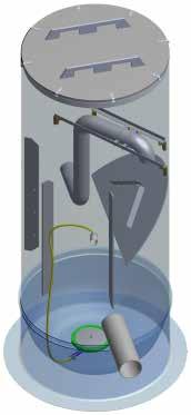 Avloppsvattnet leds in i svavelvätereduceraren 1 där vätskan kaskaderar 2 så att gasen (H 2 S) reagerar med luft (syre, O 2 ) till utspädd, lågkoncentrerad, ofarlig, svavelsyra (H 2 SO 4 ), som