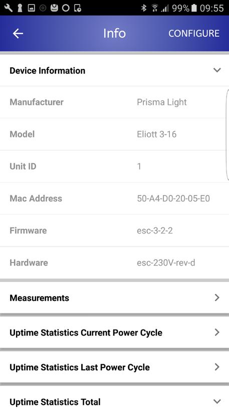 Info om armatur Engelska: Device information Tillverkare Modell ID-nummer Mac-adress Mjukvara Hårdvara Mätningar Engelska: Measurements Spänning Ström Effekt