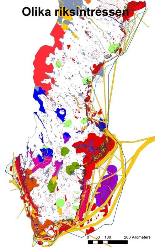 3.2 Geografisk prioritering Kartan nedan visar områden av riksintresse samt expansiva regioner. Det syns i kartbilden att det finns många överlappande intressen utmed den svenska kusten.