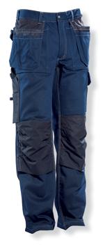 Stark jeanstråd med tre-nåls jeanssöm ökar slitstyrkan och livslängden ytterligare. Polyamidförstärkningar på utsatta ställen som knäskyddsfickor och hölsterfickor.
