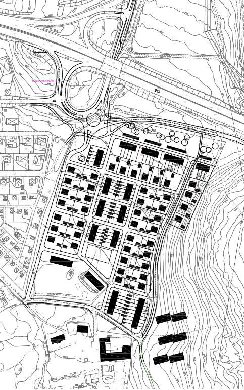 4 OBJEKTSBESKRIVNING Karet Invest AB planerar att bygga bostäder i området Södra Kroppkärr i östra Karlstad. Figur 1 nedan visar illustrationsplanen för den aktuella delen av området. Figur 1. Illustrationsplan över området.