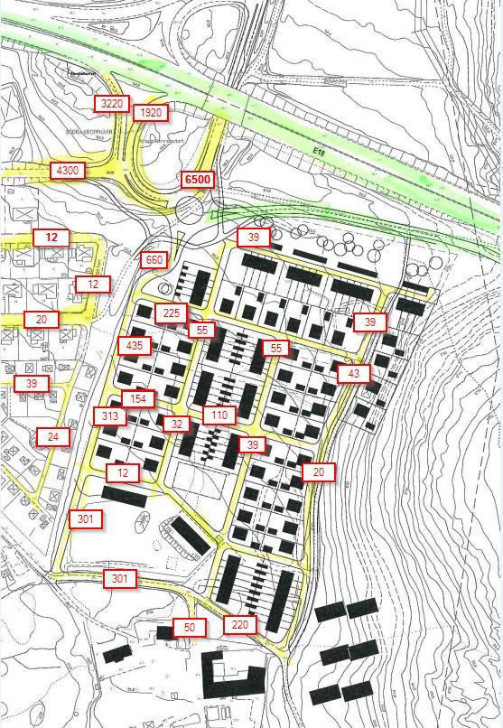 Tabell 1. Trafik för E18 Väg ÅMD 2040 Hastighet (km/h) Andel tunga fordon Andel tung trafik nattetid (kl.